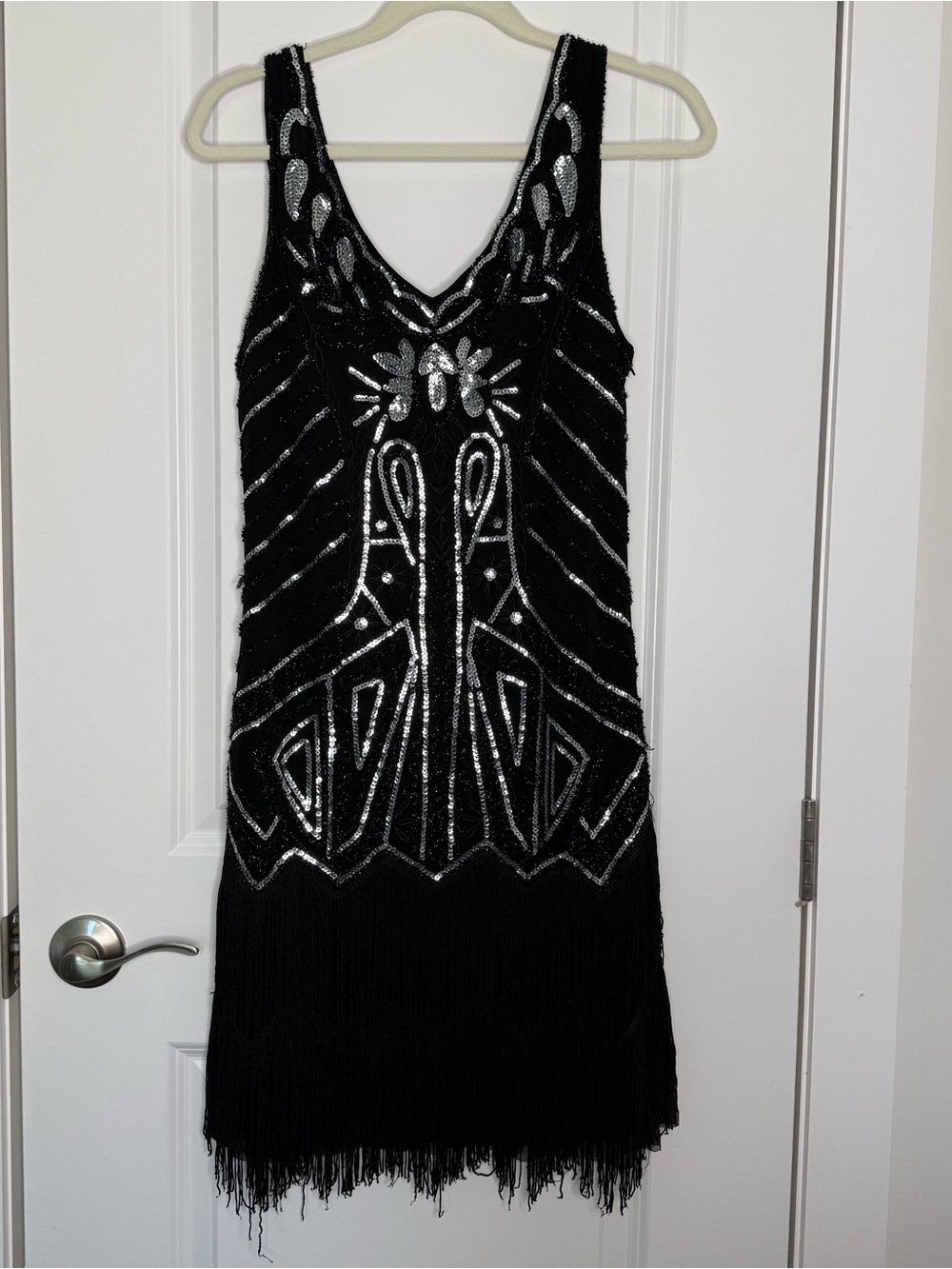 Babeyond Mischka Black Beaded Fringe Midi Dress with Silver Accents